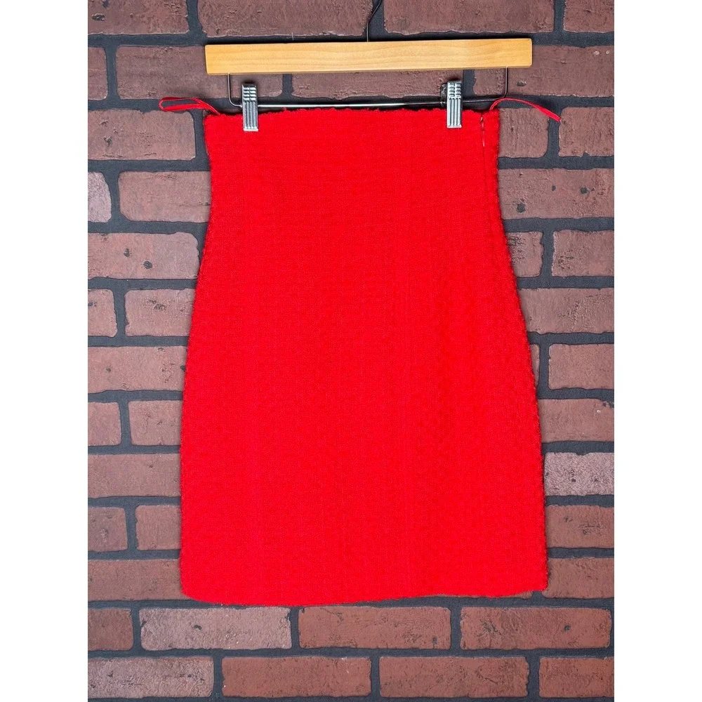 Chanel Boutique Red Tweed Knit Pencil Skirt High Waist Women's 36 Vintage Formal